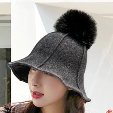 2018 Autumn Winter Women Stylish Wool Felt Campaniform Hat Solid Hairball Bucket Hat Female Casual Wool Felt Hat Dome Cap chic letters pattern strap embellished felt bucket hat for women