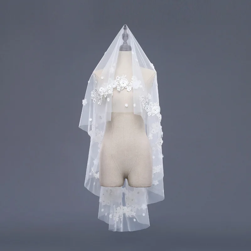Новая свадебная вуаль короткий один слой слоновой кости свадебные вуали с аппликацией цветной бисер velo de novia corto WV055