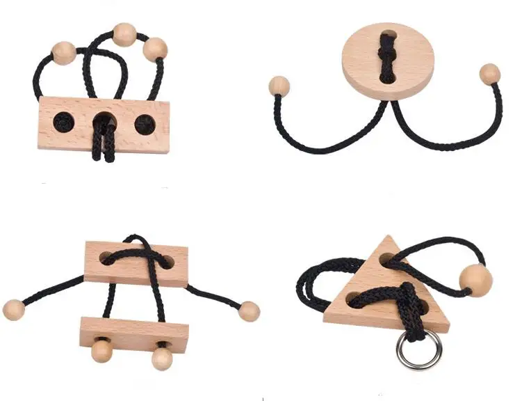 New 4PCS/Set IQ Wooden Rope Puzzle Mind Brain Teaser String Loop Puzzles Game for Adults Children