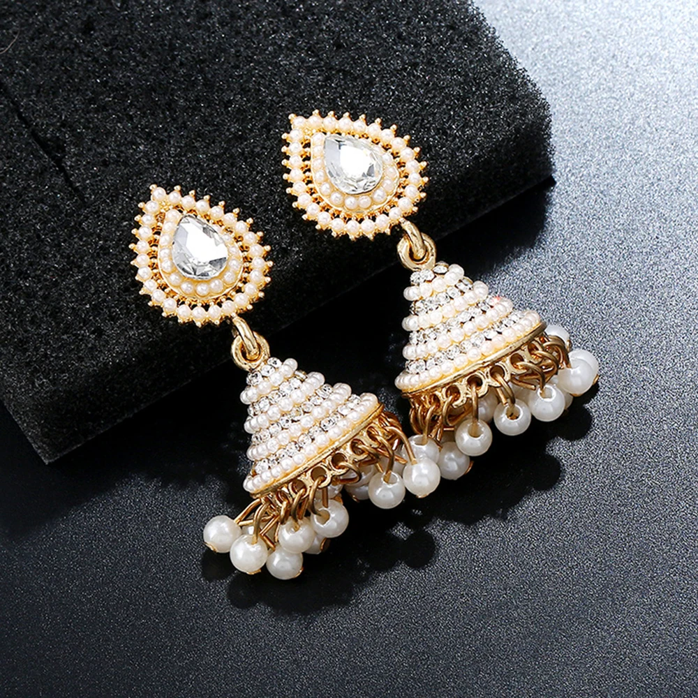 

New Elegant Water Drop Bollywood Gold White Jewelry Indian Pearl Drop Earrings Jhumka Jhumki Women Jewelry Alloy Retro Abstract