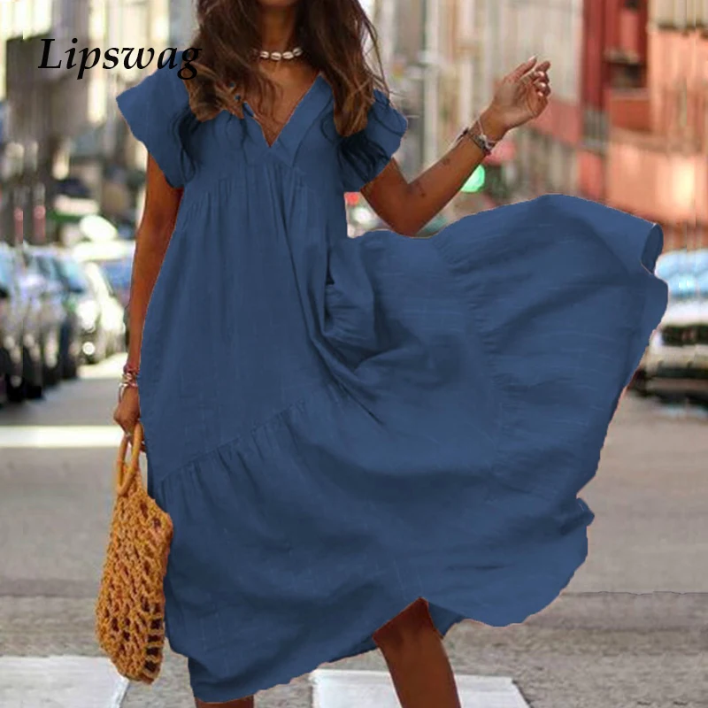 

Lipswag 3XL Sexy V Neck short sleeve baggy dress Women solid Boho Long Dress Summer female Casual pleated beach plus size dress