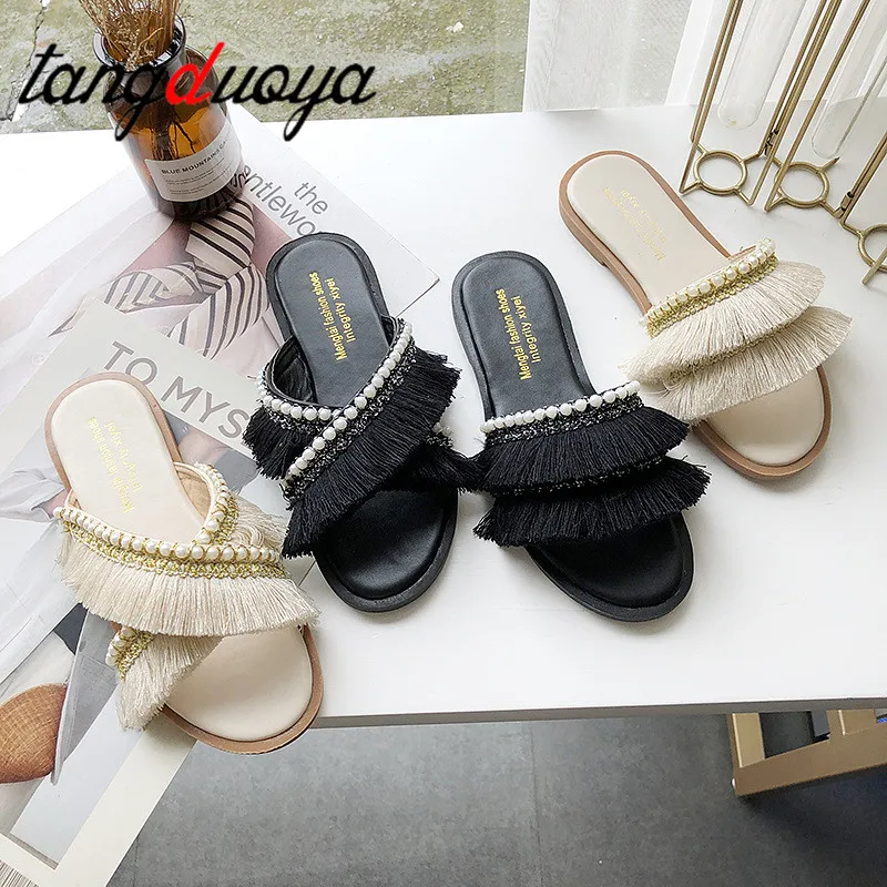 

Slippers Striped Ribbon Cork Sandals Flat Non-Slip Flip Flop Home Shoes Casual Straw Beach Slipper Slipper Pearl Weaving Sandals