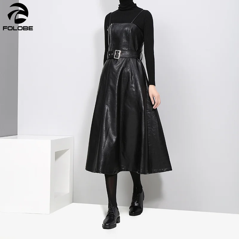 

FOLOBE 2019 Autumn Winter Women Faux Leather Black Dress Belt A-Line Spaghetti Strap Sleeveless Evening Party Club Wear Dress
