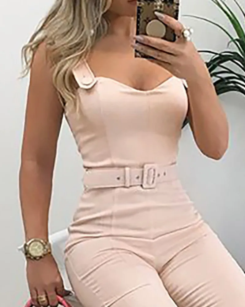

Summer Button Design Skinny Bodycon Jumpsuits Casual Solid Plus Size Slim Fit Summer Office Wear Jumpsuit