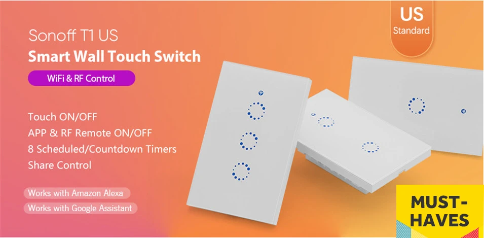 ITEAD Sonoff T1 US EU UK Smart WiFi RF  APP  Touch Control Wall Light Switch 1 2 3 Gang Wall Touch Switch Panel Smart Home