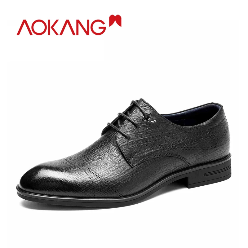 

AOKANG Men dress Shoes business genuine leather flat lace up shiny formal office men shoes