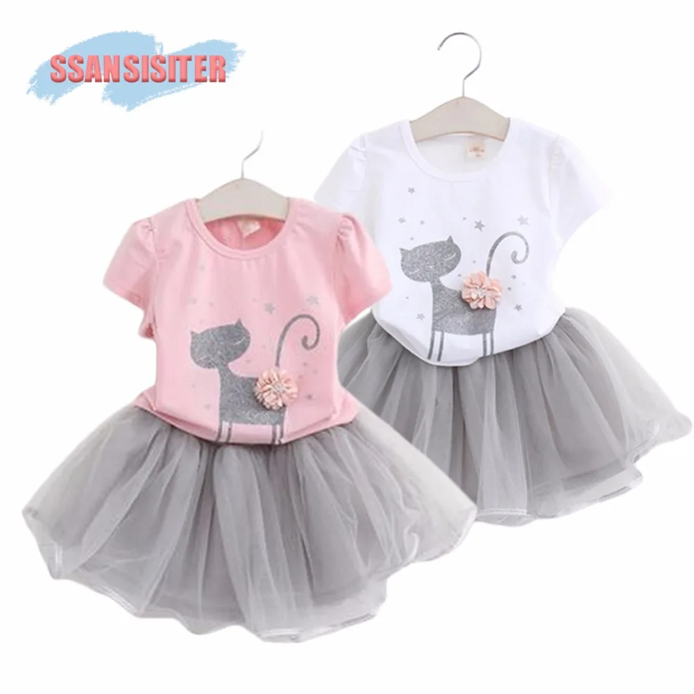 

SSANSISITER Girls Tutu Dress Set Hello kitty Cartoon Kitten Printed Flower T-Shirts + Lace Dress Kids Clothing Cute Dress Suit