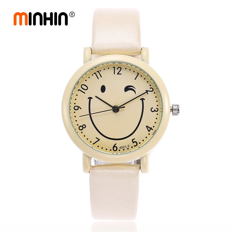 

MINHIN Personality Ladies Fashion Smile Face Watch Student Cartoon Leather Band Quartz Wristwatches Women Watch Gift