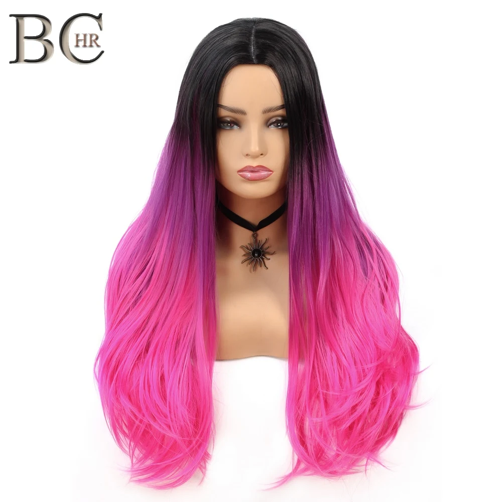 

BCHR Long Ombre Middle Part Wig Black to Pink Synthetic Wigs for Women Middle Part Cosplay Wig for Hollywood Party Hair