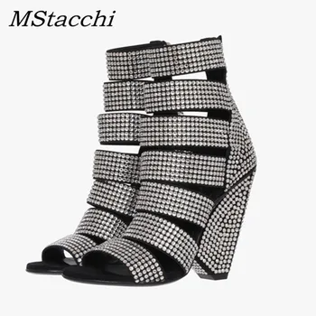 

MStacchi 2019 Summer Women Sandals Fashion Bling Bling Silver Rhinestone Hig Heeled Shoes Sexy Peep Toe Shoes Woman Party Sandal