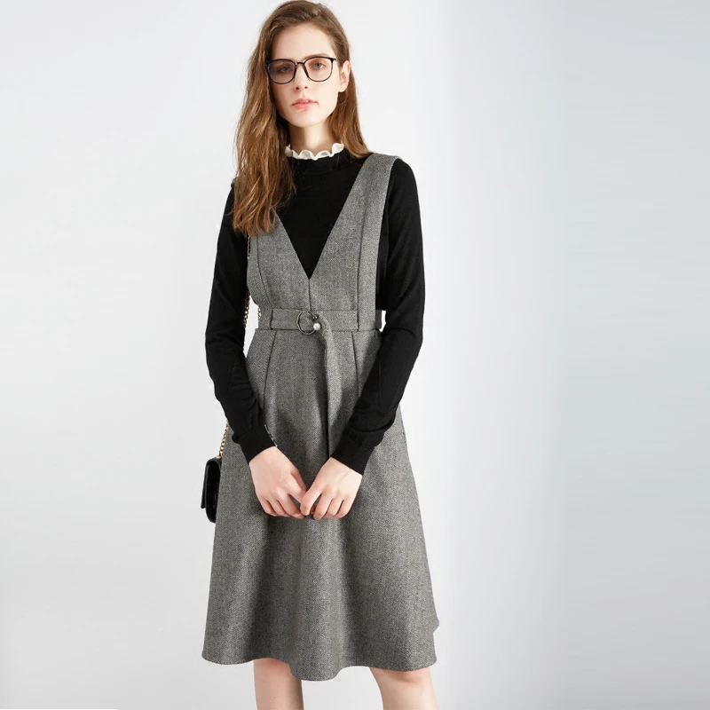 Women's herringbone woolen suspender dress v neck sleeveless 2017