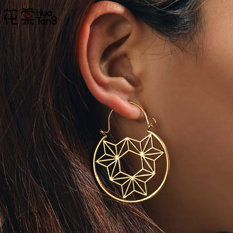

HuaTang Vintage Gold Silver Geometric Hollow Flower Carving Drop Earring for Women Pericing Earring Pendientes Oorbellen 6758