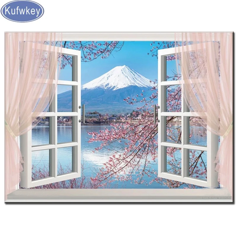 Алмазная вышивка Fuji горное окно ландшафтный пейзаж квадратная мозаика алмазная