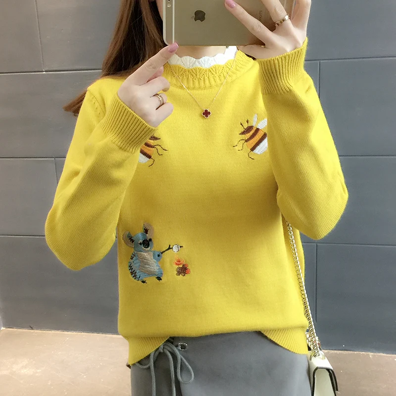 2019 женский весенне-осенний вязаный свитер модный корейский длинный рукав вышивка свитера с пчелками Женская Harajuku пуловер Одежда