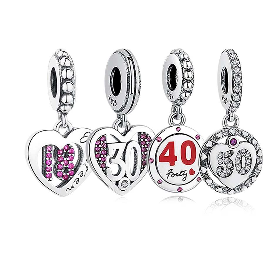 

925 Sterling Silver Beads fit Pandora Bracelet Charms Silver 925 Original Jewelry Crystal 18 30 40 50 Years of Heart Pendant