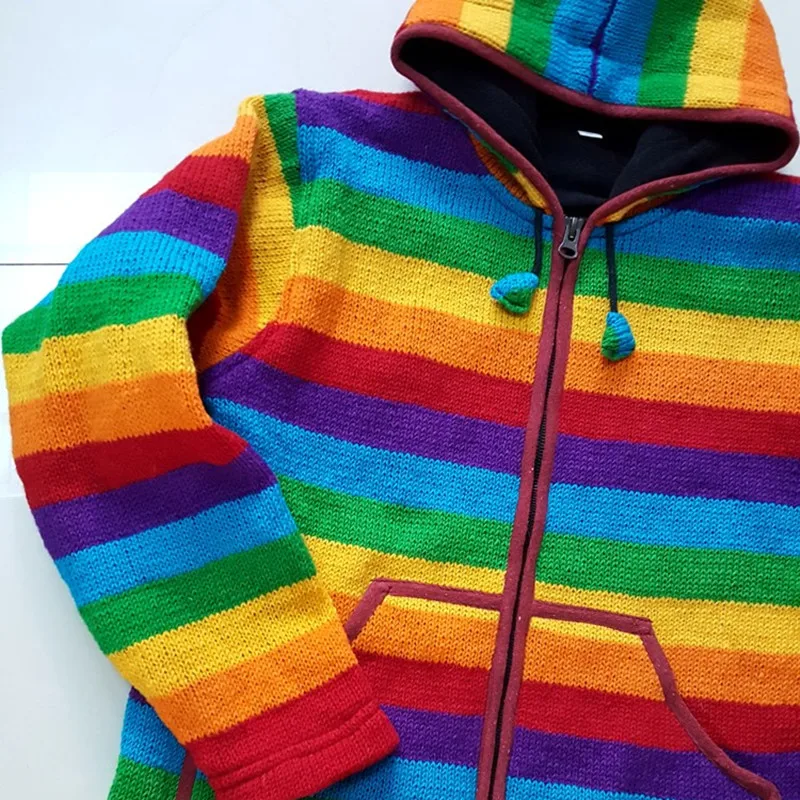 Free Shipping 2019 Rainbow Straight 100% Wool Women Plus Size S-XL Thick Warm Fleece Hand Made Hooded Sweaters With Pockets Free Shipping 2019 Rainbow Straight 100% Wool Women Plus Size S-XL Thick Warm Fleece Hand Made Hooded Sweaters With Pockets