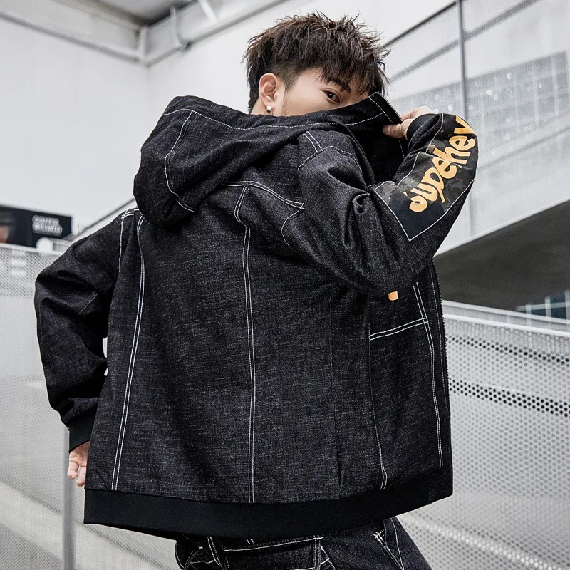

New popular logo men's work jacket fashion hip hop top coat Hooded casual denim jacket men fashion printed dropshipping clothes
