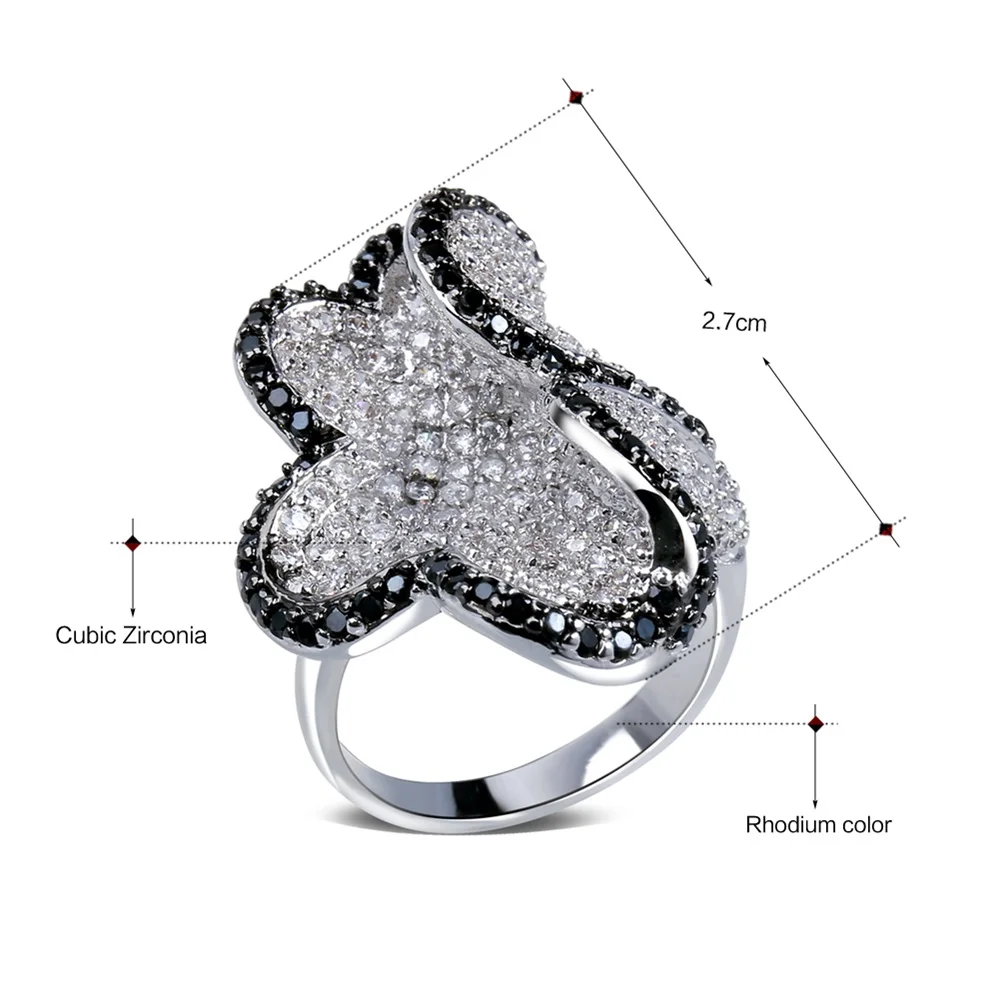 DreamCarnival 1989 Mystery Flower Rings for Party Jewelry Clear White and Black Stones Rhodium Color Mujeres Anillo SJ09144JT