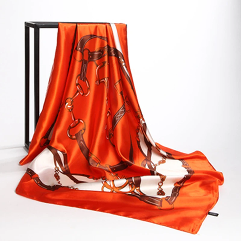 Модный платок шейный платок для женщин Шелковый атласный шарф для волос Женский 90 см* 90 см квадратные шали большие хиджаб шарфы для женщин - Цвет: Orange White