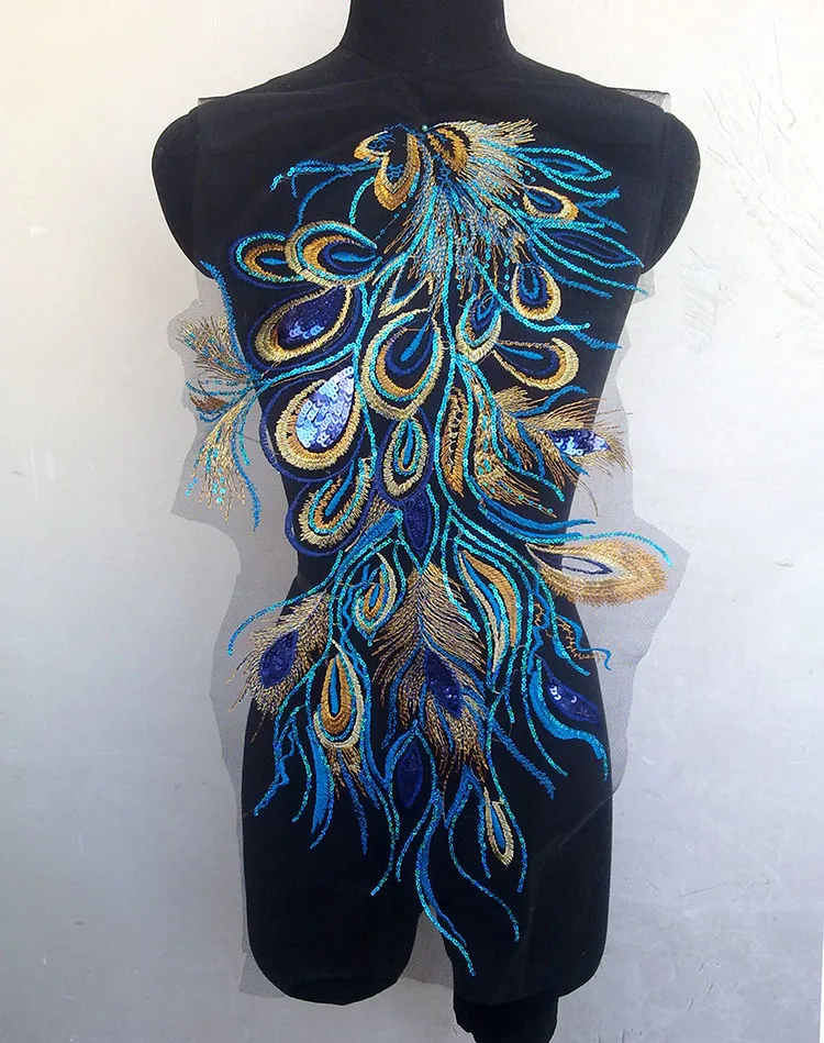 

1pcs Phoenix feather sequins patch embroidered lace fabric applique sew on patches for Stage performance clothing