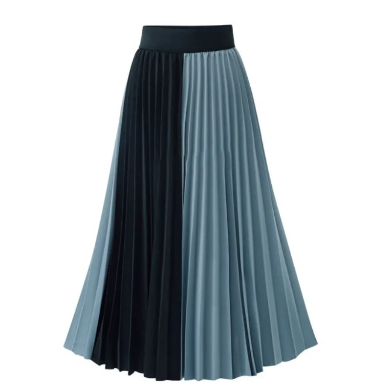 Elastic High Waist Midi Skirt Female Hit Colors Patchwork Chiffon Loose Big Size Casual Summer Autumn Skirts Fashion New - Цвет: Синий