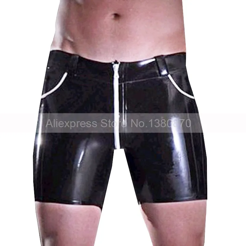 Sexy Rubber Latex Male Shorts Boxer with Crotch Zip and Pockets Tight