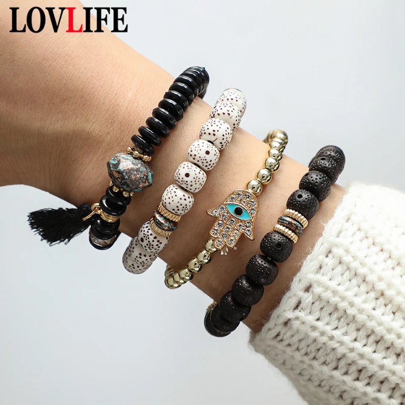 

4pcs/set Fashion Colorful Beaded Metal Ball Eyes Palm Geometric Tassel Bracelets Set Women Multilayer Bracelet Sets Jewelry