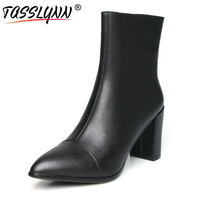 

TASSLYNN 2018 Women Boots Western White Wedding Shoes Women Ankle Boots Square High Heels Pointed Toe Zip Autumn Boots Size 40