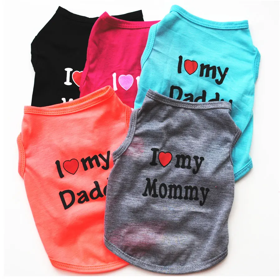 Футболки с котом для кошек Love Daddy Mommy напечатанный однотонный Цвет одежда для домашних животных, котов; хлопковое платье без рукавов котята жилет маленькая одежда с принтом в виде собак