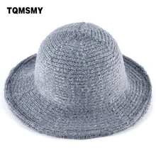 TOMSMY, толстая вязаная шерстяная шапка, унисекс, шапки-ведерки для женщин, зимняя широкая боковая Кепка, Мужская одноцветная шляпа от солнца, мягкая складная Кепка
