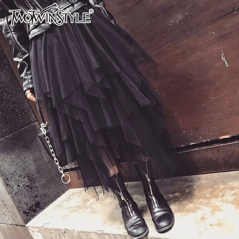 

TWOTWINSTYLE Mesh Skirt For Women Elasticc High Waist Asymmetrical A Line Midi Skirts 2019 Spring Fashion Harajuku Clothing