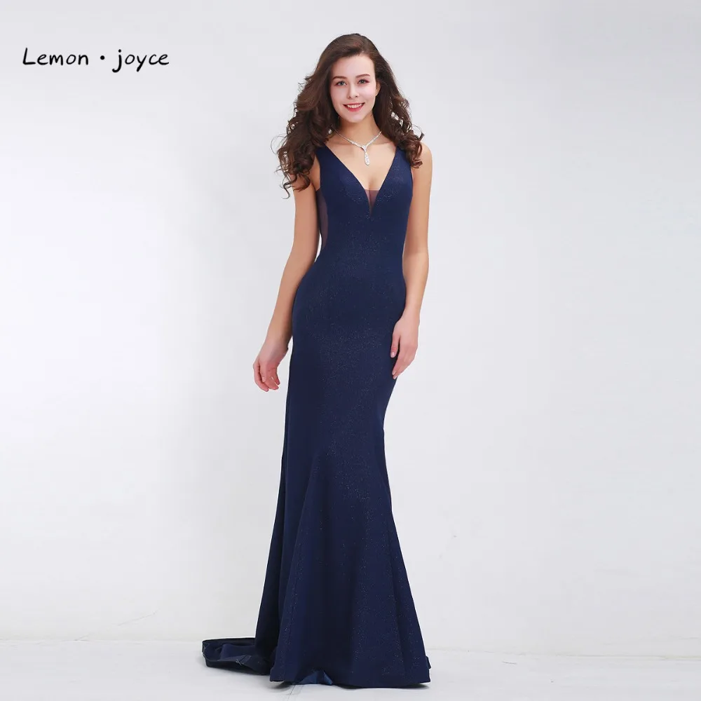 Темно синие элегантные длинные платья для выпускного вечера 2020 с глубоким V