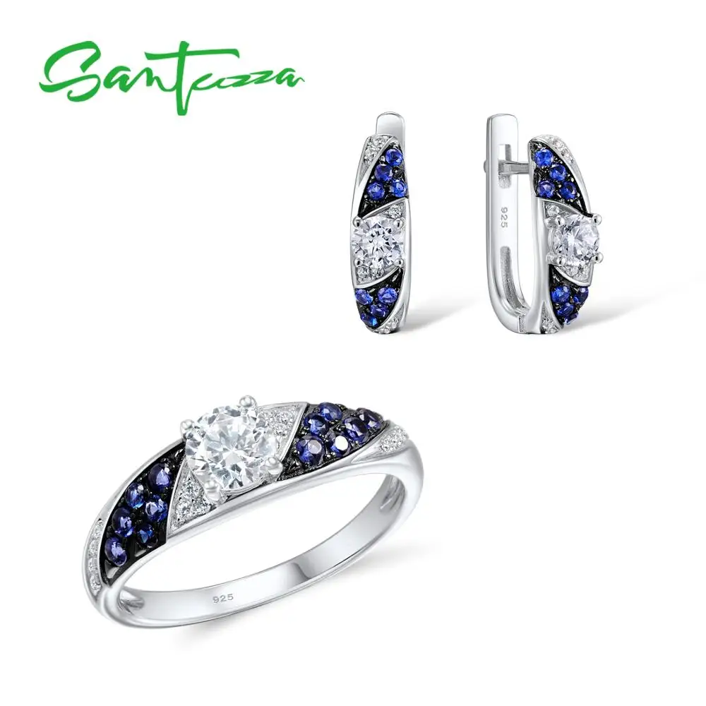 

Santuzza Jewelry Sets for Women Blue Nano CZ Stones Jewelry Set Stud Earrings and Ring Set Pure 925 Sterling Silver Jewelry Set