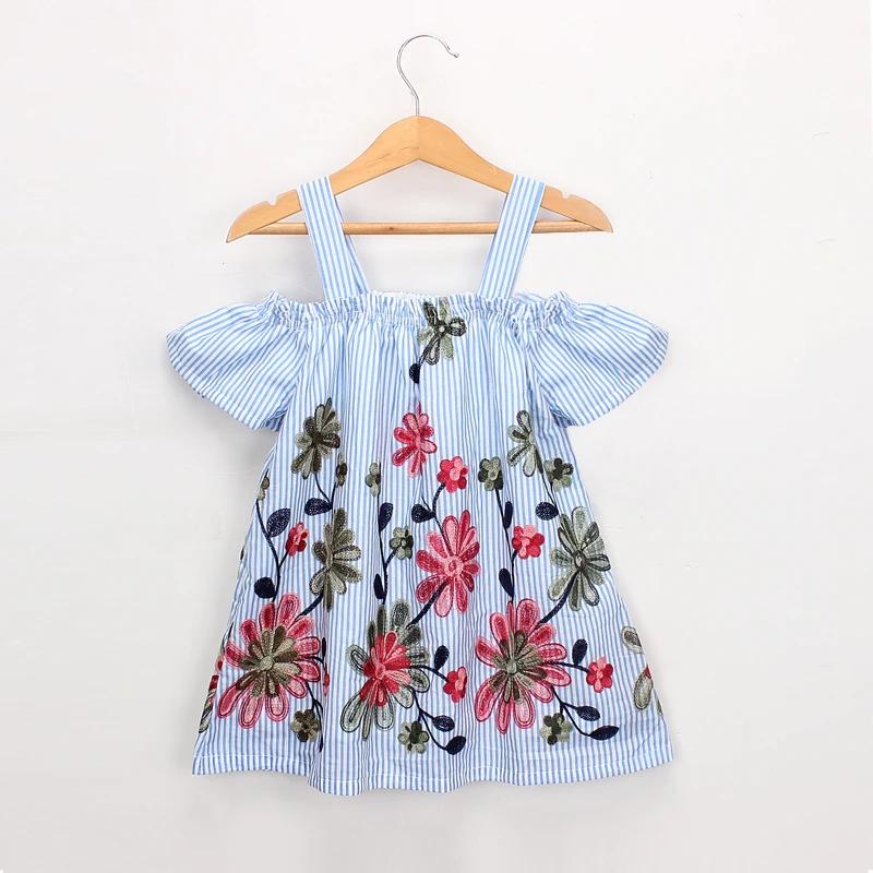 

Hurave New embroidery Casual striped straight dresses baby Girl clothes Children Summer camis strapless dress Kids Clothes