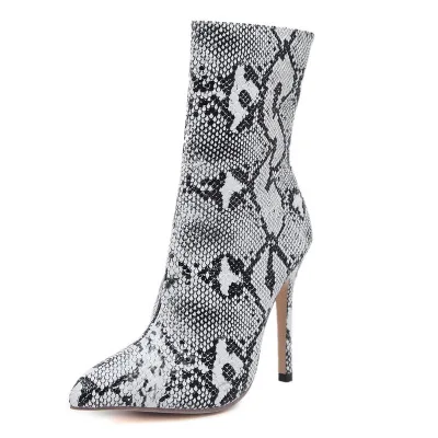 

Autumn and winter pointed shoes side zipper high heel single boots personality snake stiletto ladies boots
