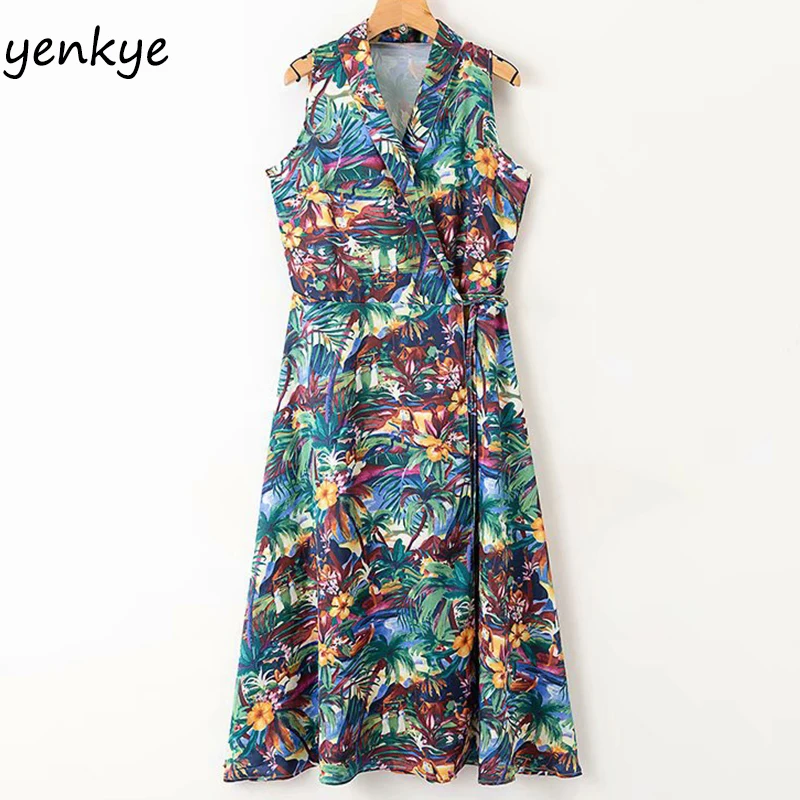 

Sleeveless Summer Dress 2019 Women Rainforest Print Holiday Beach Dress Female V Neck High Waist Casual Summer Dress XDWM1817