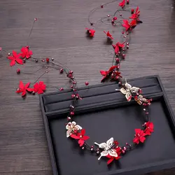 Длинные красные цветы горный хрусталь ободки Бабочка лента для волос с кистями свадебная прическа аксессуары для Новинки для женщин