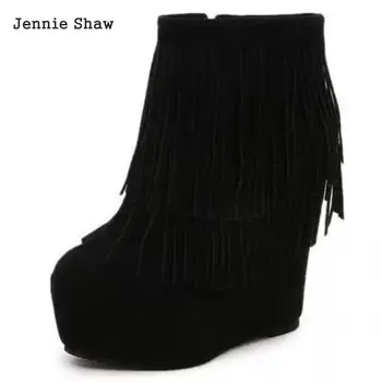 

Autumn New Women's Wedges Fringed High-heeled Ankle Boots Platform Increased Shoes Sys-1591