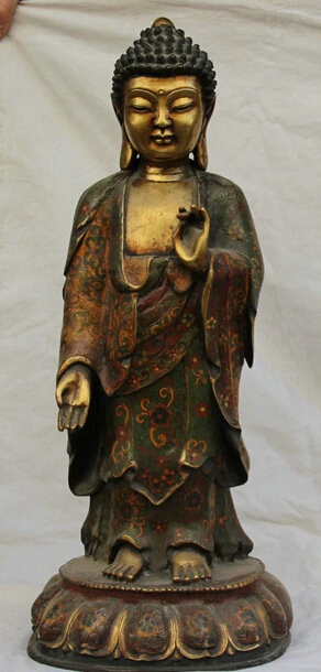 

JP S61 22" Tibet Cloisonne Bronze 24K Gold Gilt Stand Shakyamuni Amitabha Buddha Statue