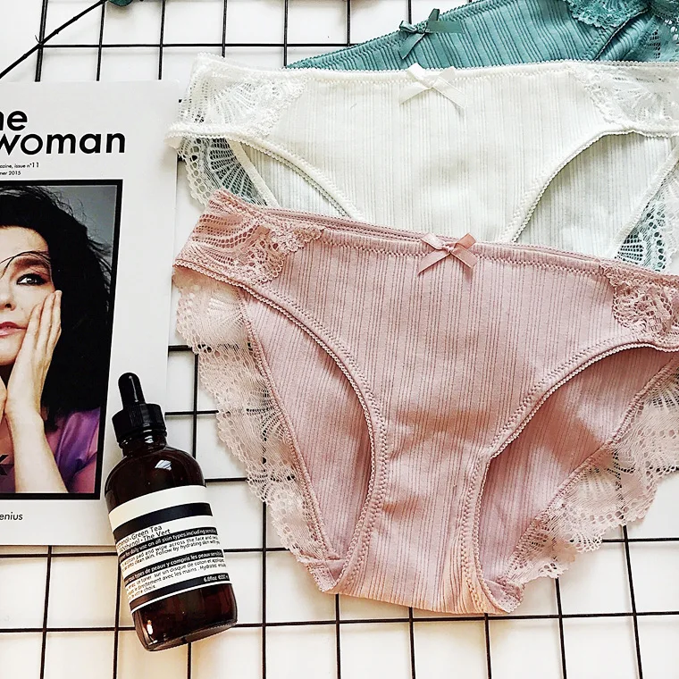 Hanguofeng thread cotton sports white pure color lovely lace edge pure cotton sexy lady mid-waist triangular underwear