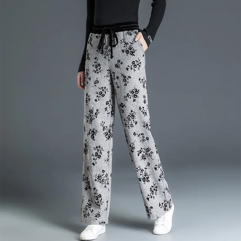 Cordón Pantalones Mezcla Alta Sweatpants Shuchan Con De 2018 Moda Mujer Lana Para Invierno Warmed Gris Cintura Estampado xBwAz