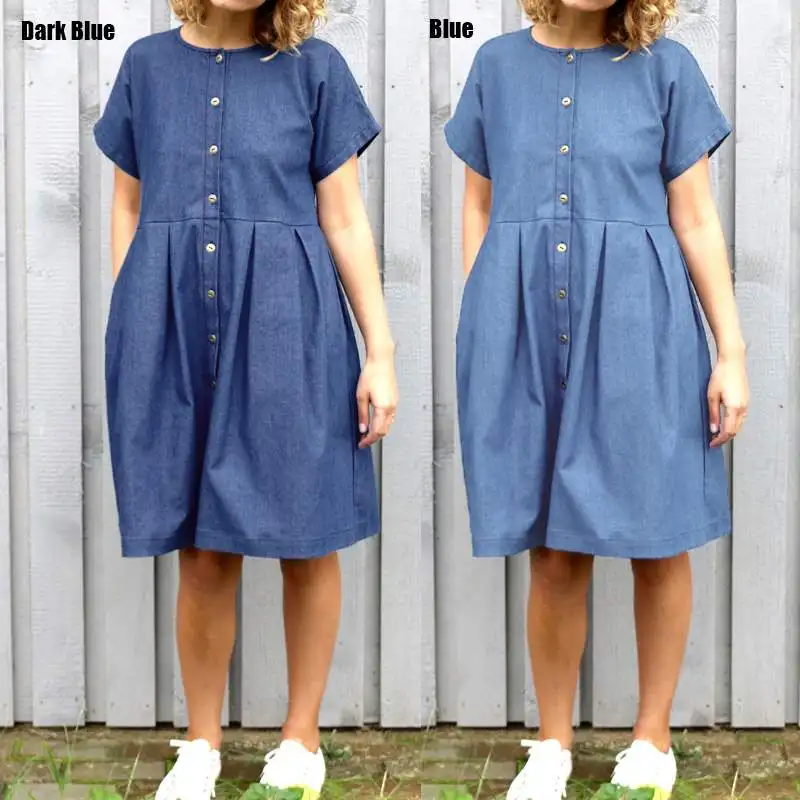 S-5XL женское Повседневное платье-рубашка с коротким рукавом и пуговицами, новинка, Летний джинсовый синий сарафан, свободное Плиссированное пляжное платье