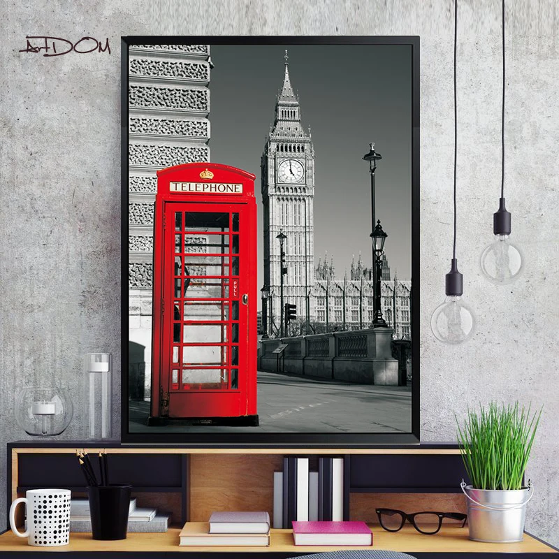 Artdom No Framed British Style Telephone Booths Canvas Painting Wall Art Print Poster Pictures
