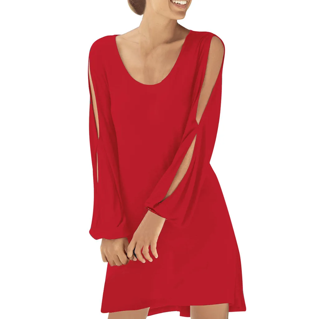 

Fashion Women Casual O-Neck Hollow Out Sleeve Solid Beach Style Mini Dress