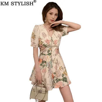 

2019 new female summer cotton linen playsuits Korean Women version retro V-neck print high waist wide leg jumpsuit