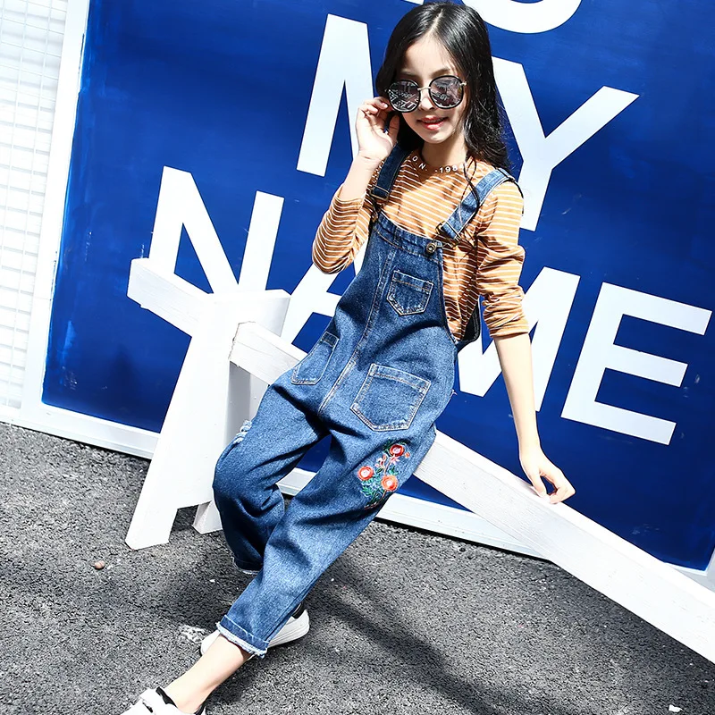 

Vetement Enfant Fille Teenage Girls Clothes Set For 5 6 7 8 9 10 11 12 13 Years Striped T Shirt + Embroidery Denim Overalls