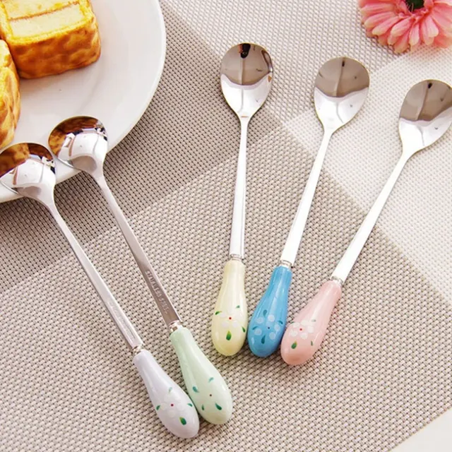 Special Price  1pcs Stainless Steel  Tea Spoons Ceramic Handle Coffee Stirring Spoon Kitchen Gadgets  Multifunction Tableware