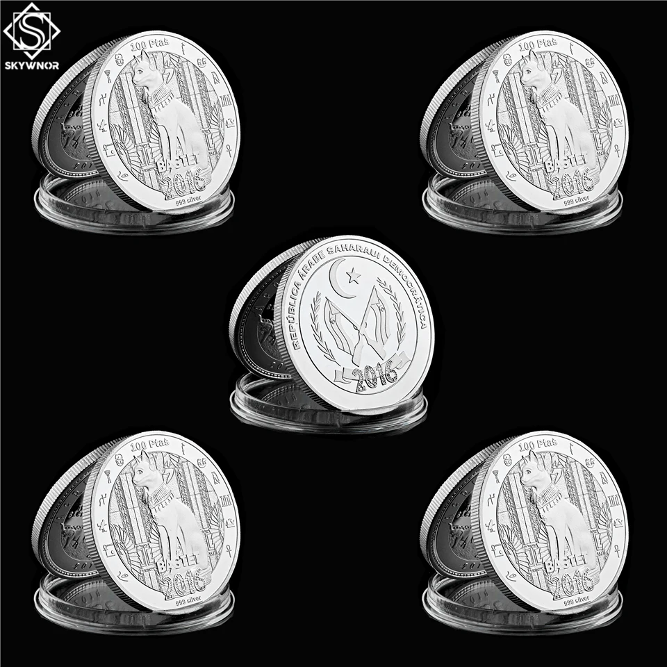 

5PCS/Set Africa Egyptian Old Mythology Cat God Bastet Unique Silver Africa Coin Collection