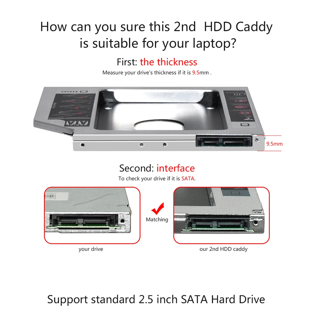 Sunvalley алюминиевый сплав 9,5 мм SATA To SATA 3,0 2nd hdd caddy 2," HDD SSD чехол для ноутбука DVD/CD-ROM Оптический отсек 10 шт./лот