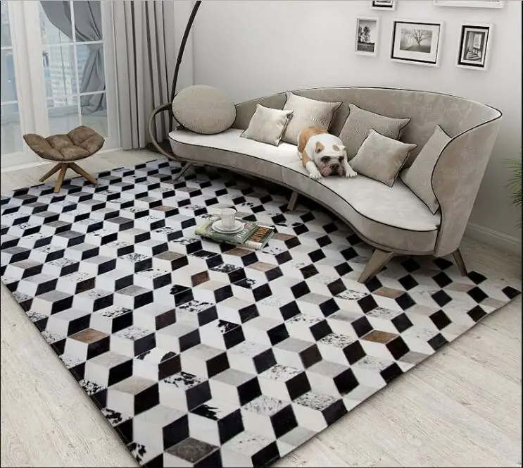 Luxury Cow Skin Carpet Plaid Style Fur Area Rugs Seamed Cowhide Mat Big